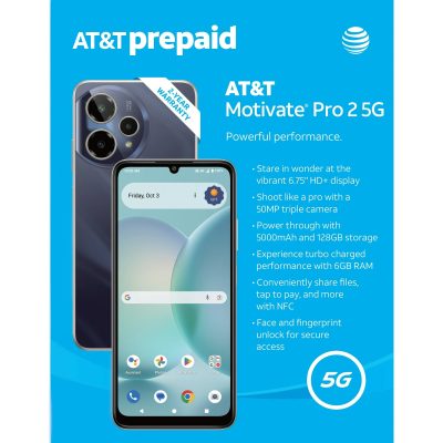 AT&T Motivate Pro 2 5G, 128 GB, Stormy Blue – Prepaid Smartphone [Locked to AT&T]