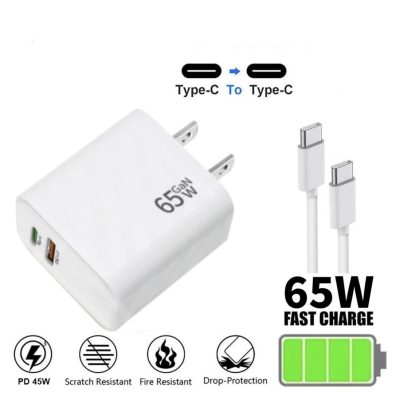 65W Power Adapter Duo Wall Charger 3FT USB-C Cable For Iphone or Android